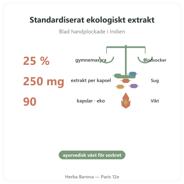 Gymnema Sylvestris BIO Dynveo 90 kapslar 250 mg Gymnemasyra 25% fördelar och nyckelfakta Paris Herba Barona