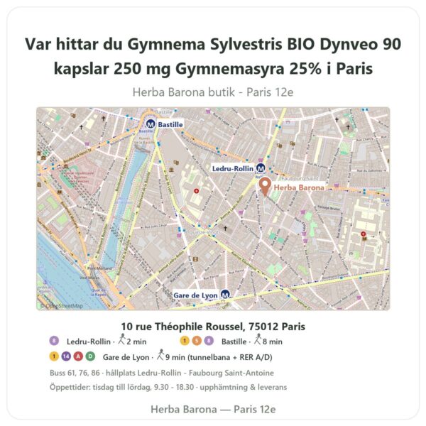 Var hittar du Gymnema Sylvestris BIO Dynveo 90 kapslar 250 mg Gymnemasyra 25% i Paris - butikskarta Herba Barona Paris 12e