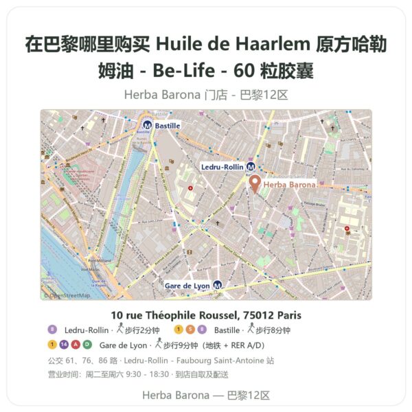 Huile de Haarlem 原方哈勒姆油 - Be-Life - 60 粒胶囊 巴黎哪里能买到 - 门店地图 Herba Barona Paris 12e