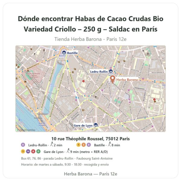 Dónde encontrar Habas de Cacao Crudas Bio Variedad Criollo – 250 g – Saldac en París - plano de la tienda Herba Barona Paris 12e