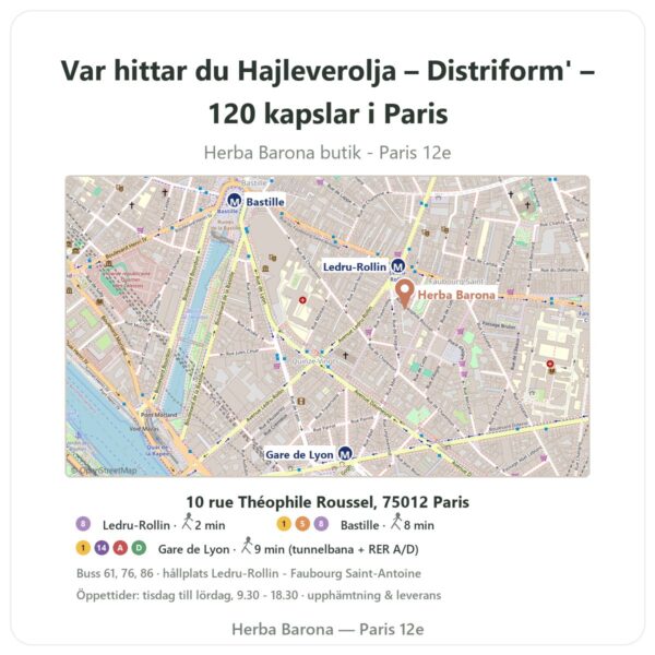 Var hittar du Hajleverolja – Distriform' – 120 kapslar i Paris - butikskarta Herba Barona Paris 12e