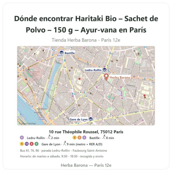 Dónde encontrar Haritaki Bio – Sachet de Polvo – 150 g – Ayur-vana en París - plano de la tienda Herba Barona Paris 12e