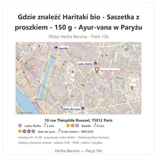 Gdzie znaleźć Haritaki bio - Saszetka z proszkiem - 150 g - Ayur-vana w Paryżu - mapa sklepu Herba Barona Paris 12e