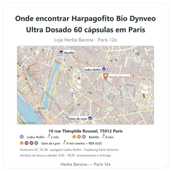 Onde encontrar Harpagofito Bio Dynveo Ultra Dosado 60 cápsulas em Paris - mapa da loja Herba Barona Paris 12e