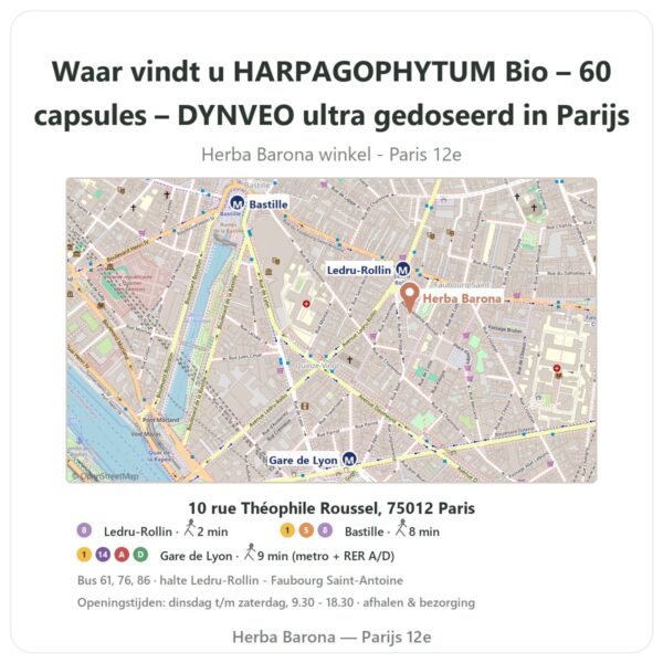 Waar vindt u HARPAGOPHYTUM Bio – 60 capsules – DYNVEO ultra gedoseerd in Parijs - winkelplattegrond Herba Barona Paris 12e