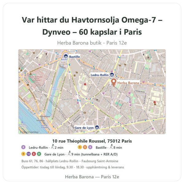 Var hittar du Havtornsolja Omega-7 – Dynveo – 60 kapslar i Paris - butikskarta Herba Barona Paris 12e