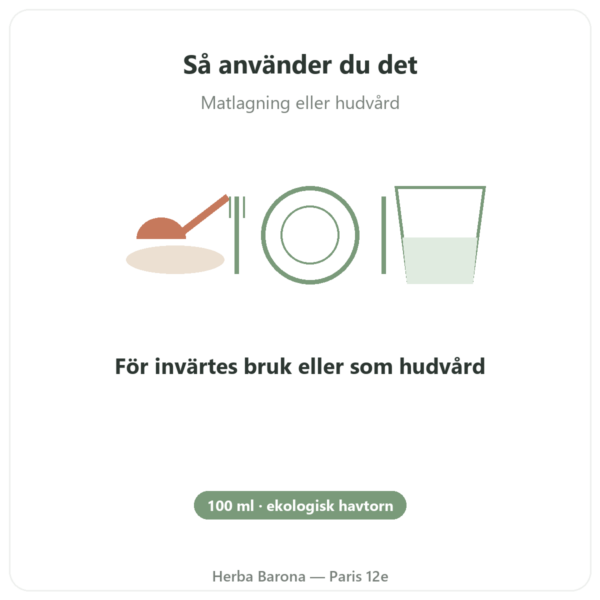 Ekologisk Havtornsolja – Flaska 100 ml – Hud- & Slemhinnefuktighet Omega 7 – Biokhaan användning och dosering Paris Herba Barona