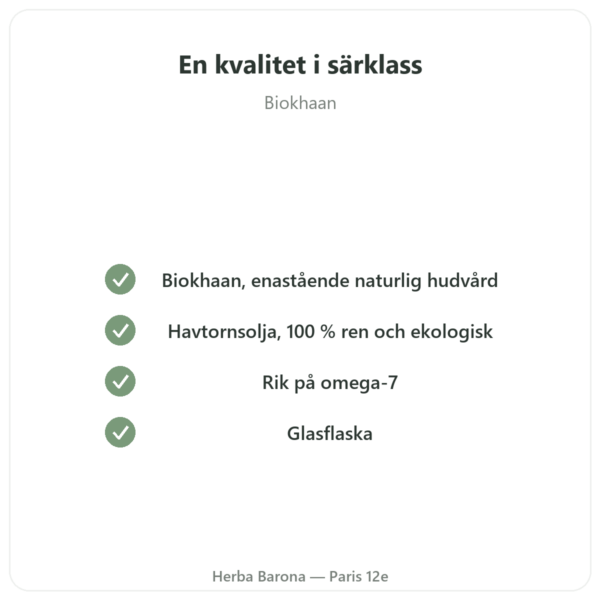 Ekologisk Havtornsolja – Flaska 100 ml – Hud- & Slemhinnefuktighet Omega 7 – Biokhaan kvalitet Paris Herba Barona