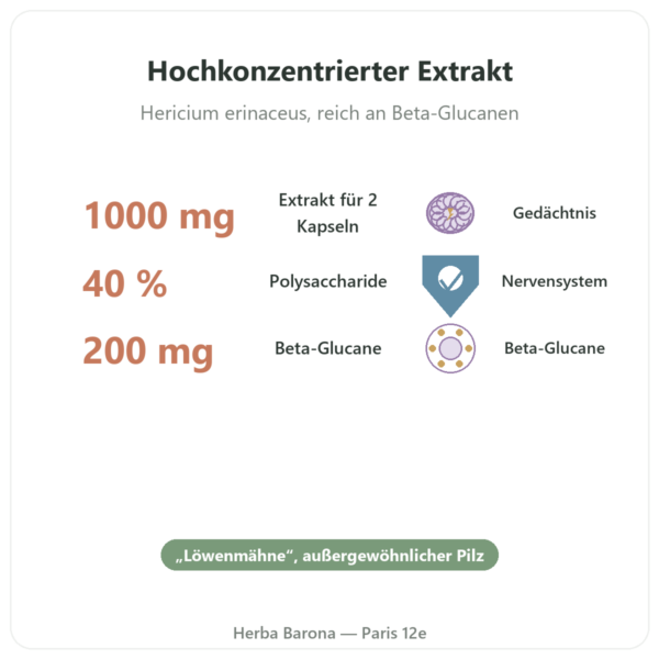 Hericium Bio 500 mg – Extrakt hohe Konzentration – 60 Kapseln Vorteile und Fakten Paris Herba Barona