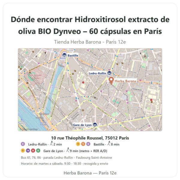 Dónde encontrar Hidroxitirosol extracto de oliva BIO Dynveo – 60 cápsulas en París - plano de la tienda Herba Barona Paris 12e