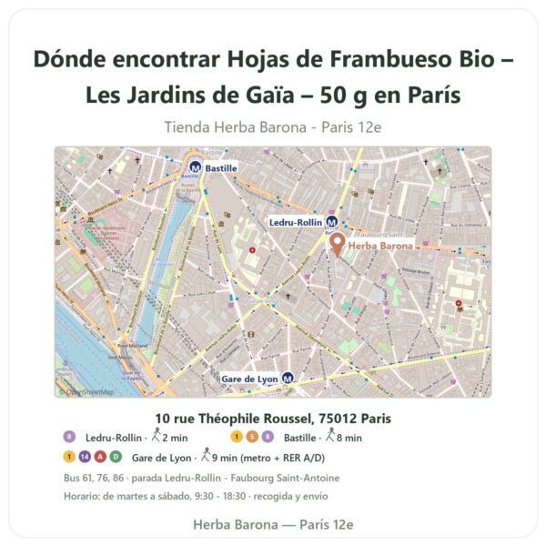 Dónde encontrar Hojas de Frambueso Bio – Les Jardins de Gaïa – 50 g en París - plano de la tienda Herba Barona Paris 12e