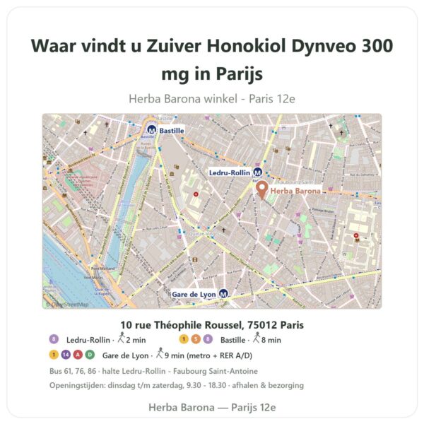 Waar vindt u Zuiver Honokiol Dynveo 300 mg in Parijs - winkelplattegrond Herba Barona Paris 12e