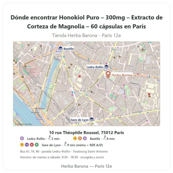 Dónde encontrar Honokiol Puro – 300mg – Extracto de Corteza de Magnolia – 60 cápsulas en París - plano de la tienda Herba Barona Paris 12e