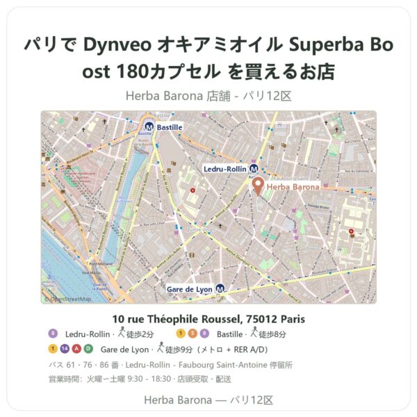 Where to find Dynveo オキアミオイル Superba Boost 180カプセル in Paris - store map Herba Barona Paris 12e