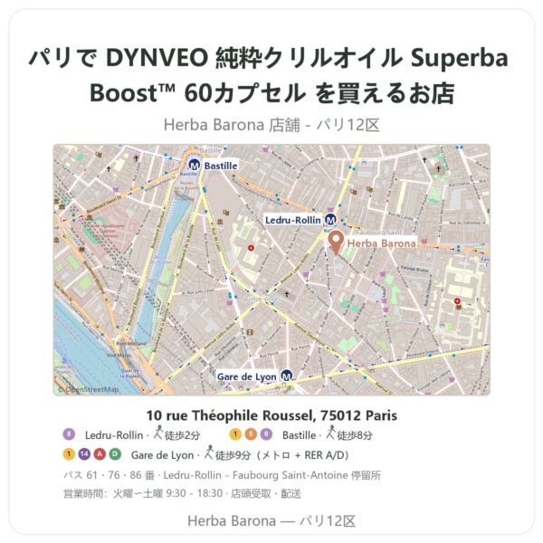 Where to find DYNVEO 純粋クリルオイル Superba Boost™ 60カプセル in Paris - store map Herba Barona Paris 12e