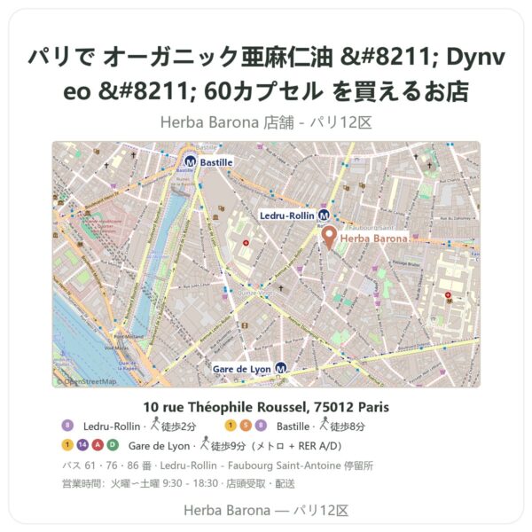 Where to find オーガニック亜麻仁油 – Dynveo – 60カプセル in Paris - store map Herba Barona Paris 12e