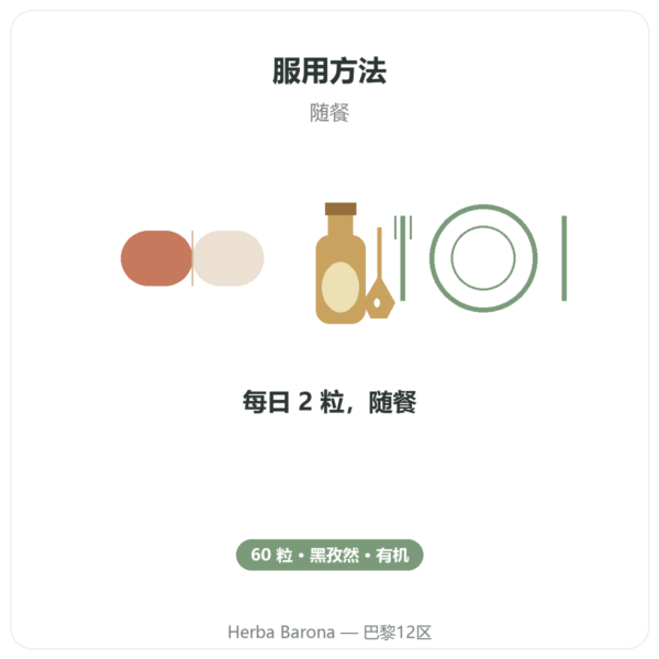 黑种草油(黑孜然) – Dynveo – 60粒胶囊 使用方法与建议剂量 Paris Herba Barona