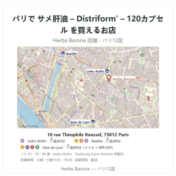 Where to find サメ肝油 – Distriform' – 120カプセル in Paris - store map Herba Barona Paris 12e