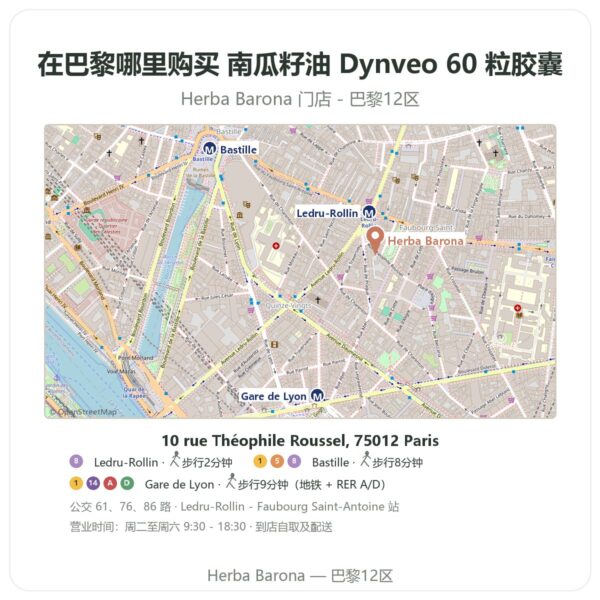 南瓜籽油 Dynveo 60 粒胶囊 巴黎哪里能买到 - 门店地图 Herba Barona Paris 12e