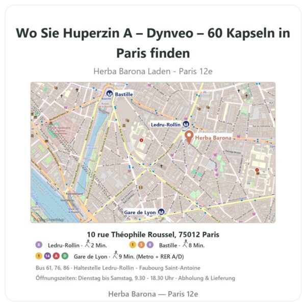 Wo finden Sie Huperzin A – Dynveo – 60 Kapseln in Paris - Ladenplan Herba Barona Paris 12e
