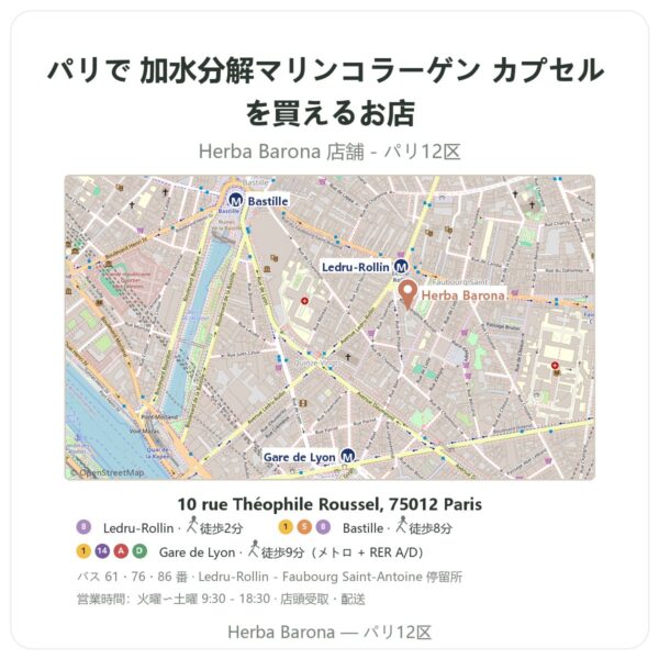 Where to find 加水分解マリンコラーゲン カプセル in Paris - store map Herba Barona Paris 12e
