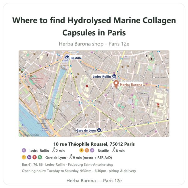Where to find Hydrolysed Marine Collagen Capsules in Paris - store map Herba Barona Paris 12e
