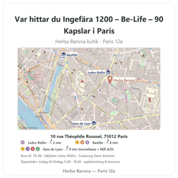 Var hittar du Ingefära 1200 – Be-Life – 90 Kapslar i Paris - butikskarta Herba Barona Paris 12e