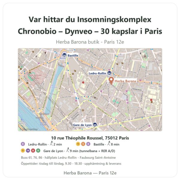 Var hittar du Insomningskomplex Chronobio – Dynveo – 30 kapslar i Paris - butikskarta Herba Barona Paris 12e