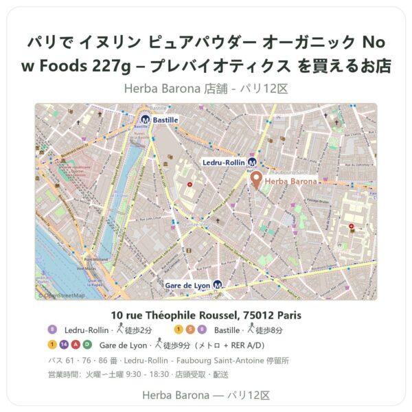 Where to find イヌリン ピュアパウダー オーガニック Now Foods 227g – プレバイオティクス in Paris - store map Herba Barona Paris 12e