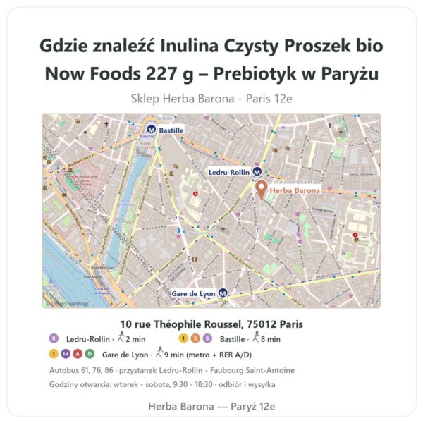 Gdzie znaleźć Inulina Czysty Proszek bio Now Foods 227 g – Prebiotyk w Paryżu - mapa sklepu Herba Barona Paris 12e
