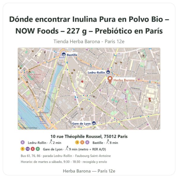 Dónde encontrar Inulina Pura en Polvo Bio – NOW Foods – 227 g – Prebiótico en París - plano de la tienda Herba Barona Paris 12e