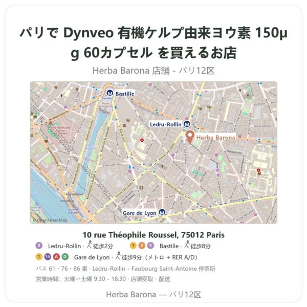 Where to find Dynveo 有機ケルプ由来ヨウ素 150µg 60カプセル in Paris - store map Herba Barona Paris 12e