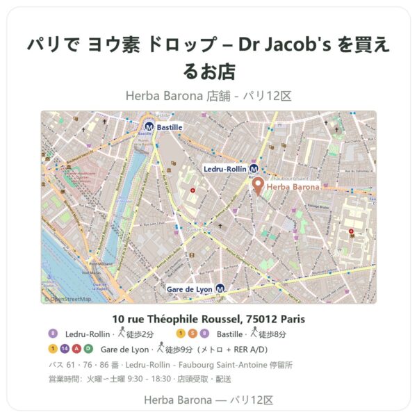 Where to find ヨウ素 ドロップ – Dr Jacob's in Paris - store map Herba Barona Paris 12e