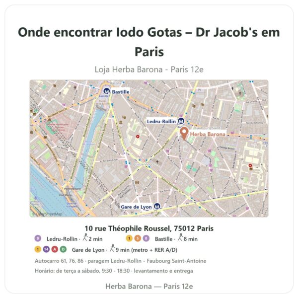 Onde encontrar Iodo Gotas – Dr Jacob's em Paris - mapa da loja Herba Barona Paris 12e