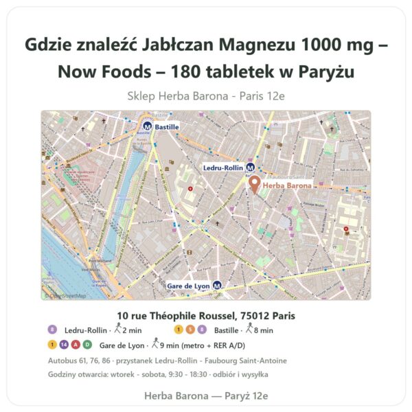 Gdzie znaleźć Jabłczan Magnezu 1000 mg – Now Foods – 180 tabletek w Paryżu - mapa sklepu Herba Barona Paris 12e
