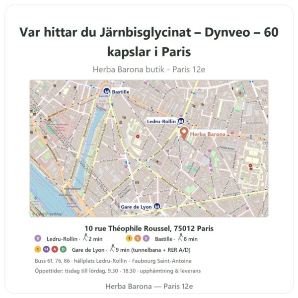 Var hittar du Järnbisglycinat – Dynveo – 60 kapslar i Paris - butikskarta Herba Barona Paris 12e