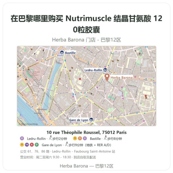 Nutrimuscle 结晶甘氨酸 120粒胶囊 巴黎哪里能买到 - 门店地图 Herba Barona Paris 12e