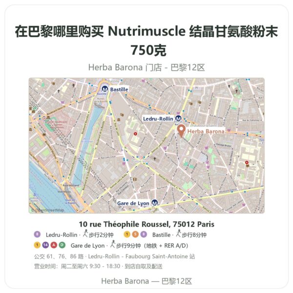 Nutrimuscle 结晶甘氨酸粉末 750克 巴黎哪里能买到 - 门店地图 Herba Barona Paris 12e