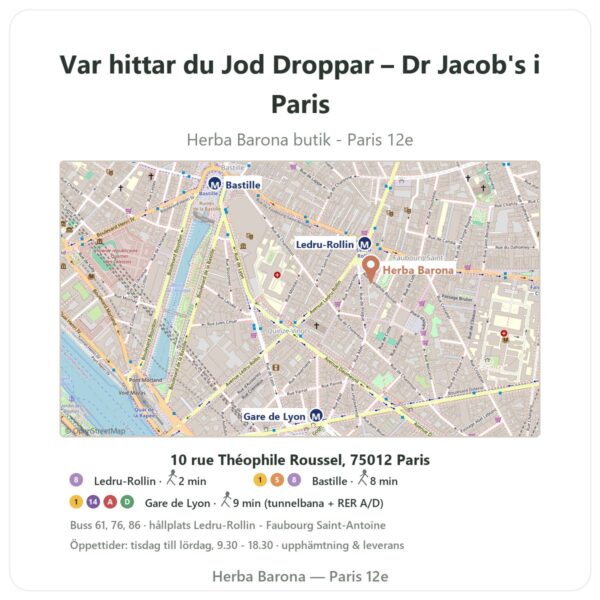 Var hittar du Jod Droppar – Dr Jacob's i Paris - butikskarta Herba Barona Paris 12e