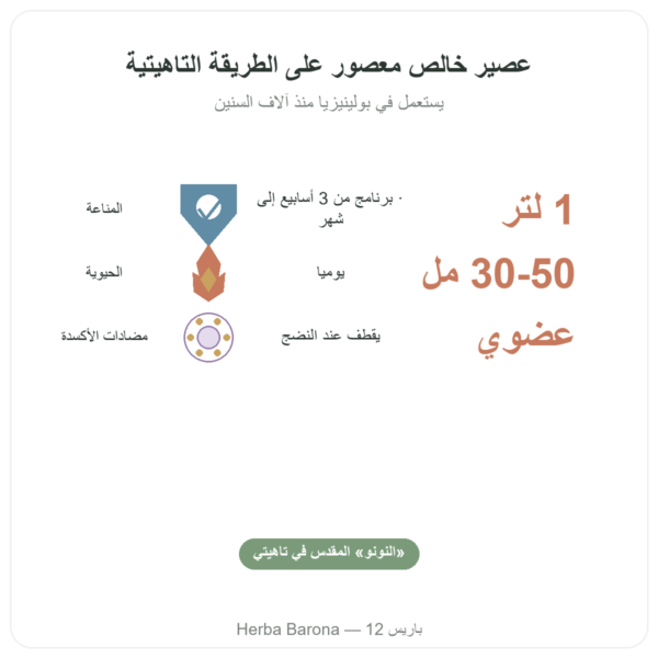 عصير نوني تاهيتي عضوي 1 لتر الفوائد والمعطيات الرئيسية Paris Herba Barona