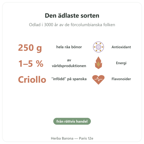 Råa kakaobönor, ekologiska, Criollo-sort, 250 g – Saldac fördelar och nyckelfakta Paris Herba Barona