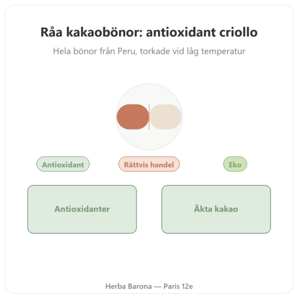 Råa kakaobönor, ekologiska, Criollo-sort, 250 g – Saldac presentation Paris Herba Barona