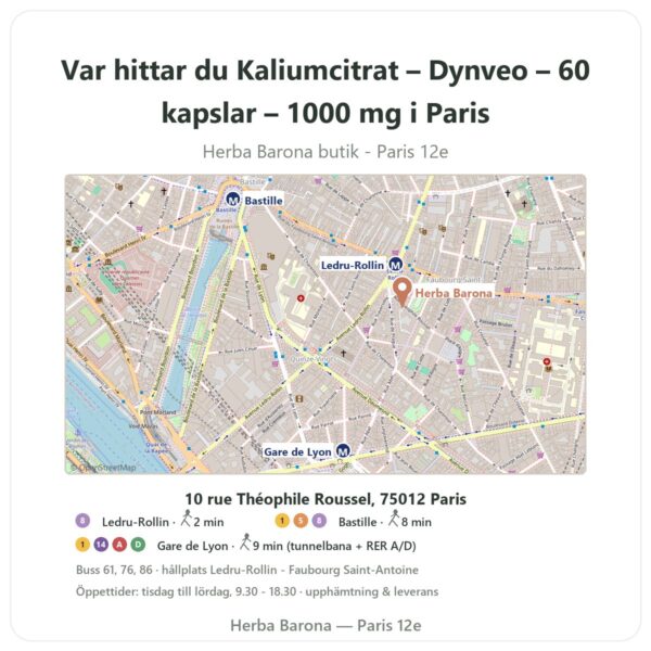 Var hittar du Kaliumcitrat – Dynveo – 60 kapslar – 1000 mg i Paris - butikskarta Herba Barona Paris 12e