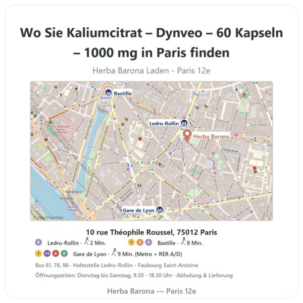 Wo finden Sie Kaliumcitrat – Dynveo – 60 Kapseln – 1000 mg in Paris - Ladenplan Herba Barona Paris 12e