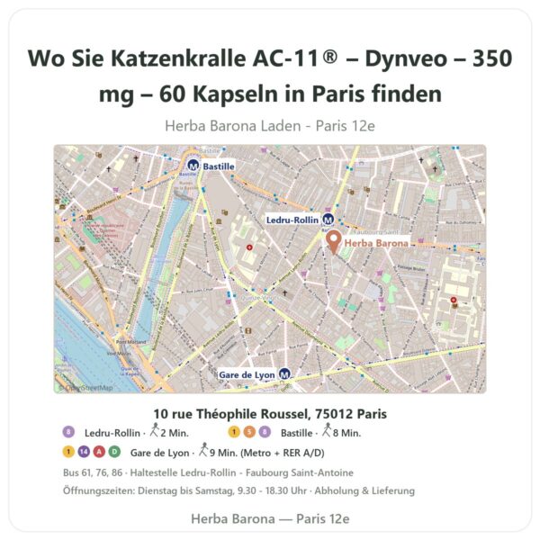 Wo finden Sie Katzenkralle AC-11® – Dynveo – 350 mg – 60 Kapseln in Paris - Ladenplan Herba Barona Paris 12e