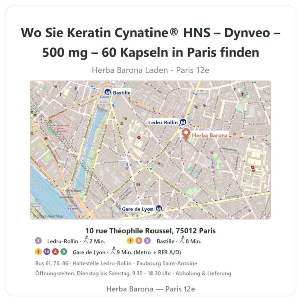 Wo finden Sie Keratin Cynatine® HNS – Dynveo – 500 mg – 60 Kapseln in Paris - Ladenplan Herba Barona Paris 12e