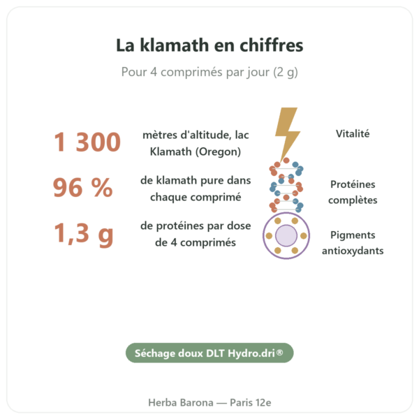 Klamath bio 120 comprimes Flamant Vert bienfaits et chiffres Paris Herba Barona