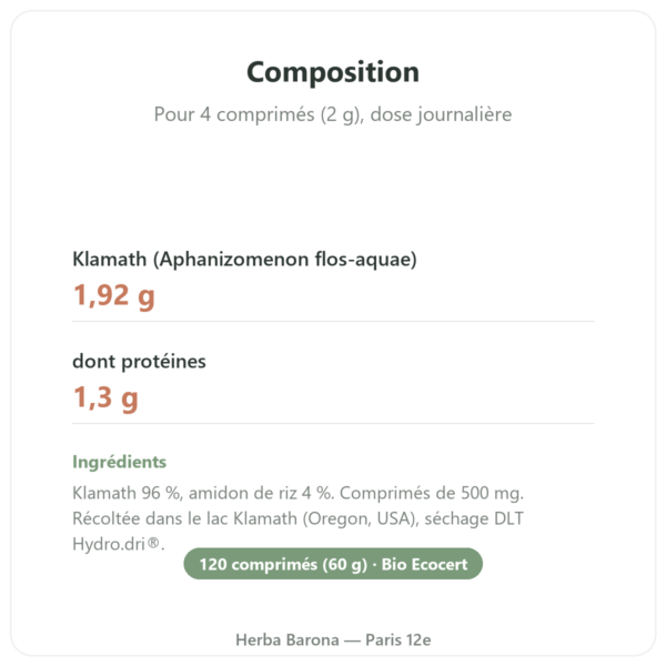 Klamath bio 120 comprimes Flamant Vert composition valeurs nutritionnelles Paris Herba Barona