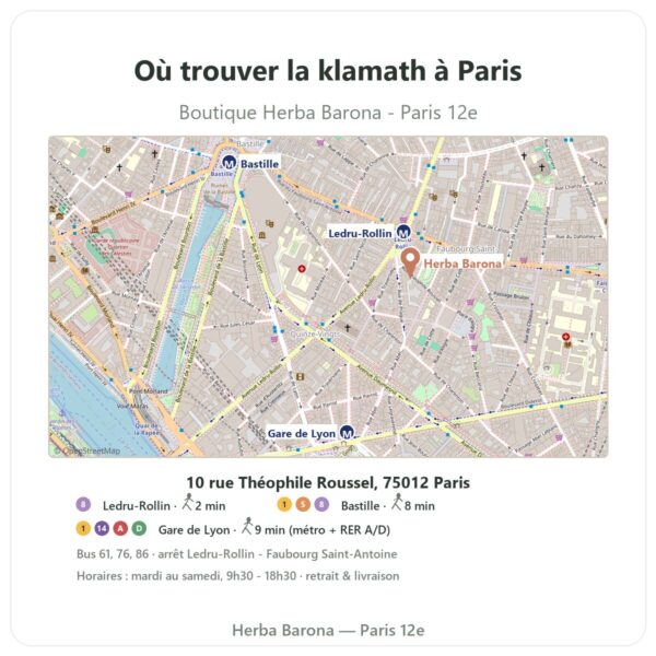 Ou trouver Klamath bio 120 comprimes Flamant Vert a Paris - plan boutique Herba Barona Paris 12e