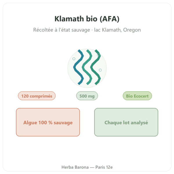 Klamath bio 120 comprimes Flamant Vert presentation Paris Herba Barona
